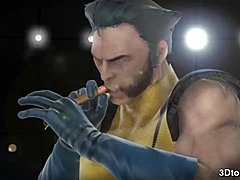 Big-titted babe blir knullet av Wolverines monster kuk