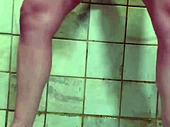 Pierced milf wife uses double dildos for solo shower play