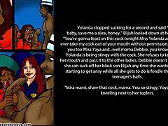 A young man has sex with his mature stepmother and curvy friends in a comic-themed video