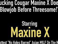 Maxine x, een volwassen brunette cougar, geeft een slordige pijpbeurt voordat ze een trio aangaat