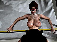 Анимирани видео титтифоцк приказује шимале са великим грудима и сперму на њеном телу